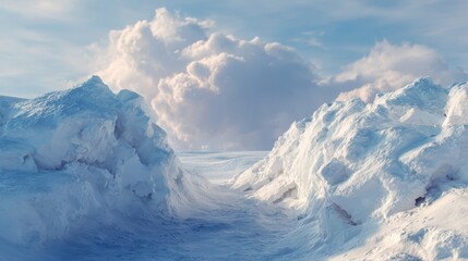 Winter landscape featuring a deep snow canyon or gorge with towering icy walls and a path leading towards large white clouds under a bright blue sky. Depicting cold. Nature. Wilderness. And adventure