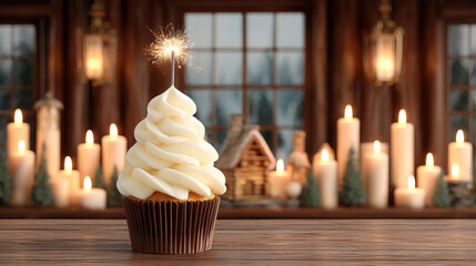 Cupcake with white frosting and sparkling sparkler candle on top, set against cozy background with lit candles and warm wooden decor creating festive and inviting atmosphere