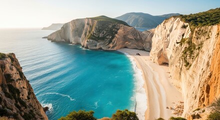 Golden sun illuminates towering cliffs above a turquoise beach
