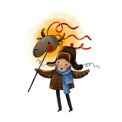 Happy slavic boy with christian goat head. Cartoon Ukrainian kid celebrate Christmas. Ukrainian traditions. Malanka and kolyadka. Carolers sing carols. Hand drawn illustration for xmas. Ortodox