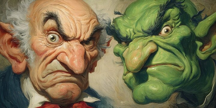 Dual Gaze: Man and Goblin in Contrast, ai generated.