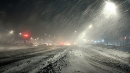 Urban road at night experiencing heavy blizzard with falling snow and strong wind, creating dangerous driving conditions and highlighting extreme cold winter weather