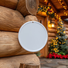 Round white ceramic flat circle ornament hanging on rustic wooden log cabin wall with warm festive Christmas lights and decorations creating cozy holiday atmosphere
