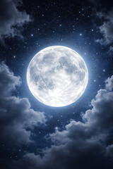 Fototapeta premium A breathtaking full moon glowing brightly in the center of a deep night sky, revealing detailed lunar craters and textures. Soft, wispy clouds gently frame the moon from the edges