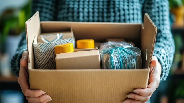 Close up view of female hands holding an open cardboard box filled with various beauty and cosmetic products, representing an online shopping order, a subscription box, or a gift set