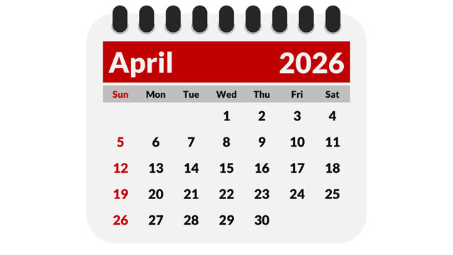 April 2026 calendar page by month