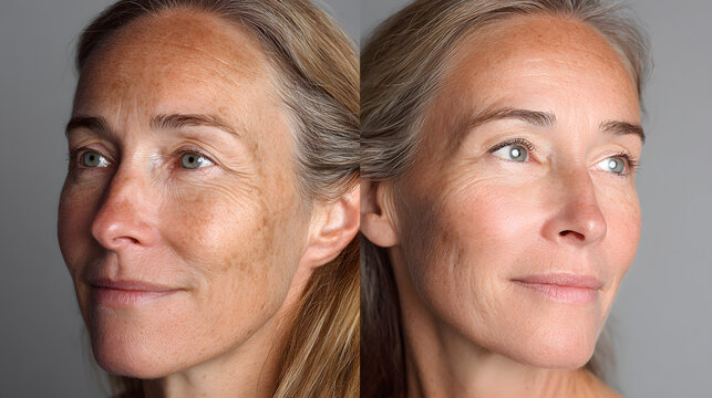 Before After anti aging face photo skin spa treatment older woman 40s 50s menopause wrinkles fine line saggy jowls afterwards smooth glowing younger firm microneedling rf therapy LED laser treatment