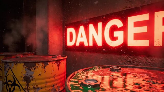 Hazardous waste barrels sitting next to a glowing danger text decal