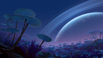 Fantasy Alien Planet Landscape with Giant Blue Mushrooms and Rings