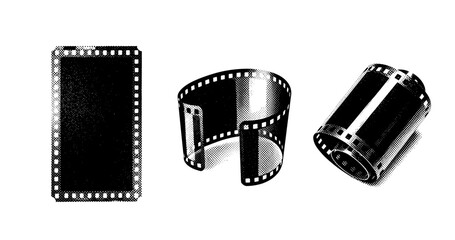 Obraz premium Vintage film negatives and roll canister black and white illustration