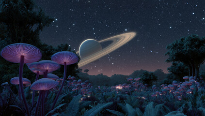 Fantasy Alien Landscape with Glowing Mushrooms and Ringed Planet