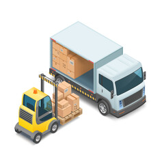 Forklift loads cardboard boxes into a cargo van. Freight transportation. Isometric view isolated on a white background. Vector illustration.