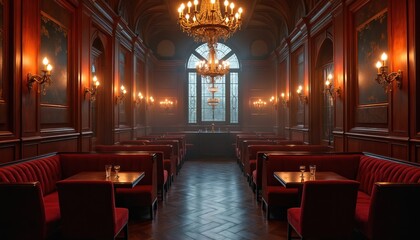 Dark wood paneled room with plush red booths. Ornate chandelier hangs above tables set with glasses. Elegant interior evokes exclusive club or vintage eatery.