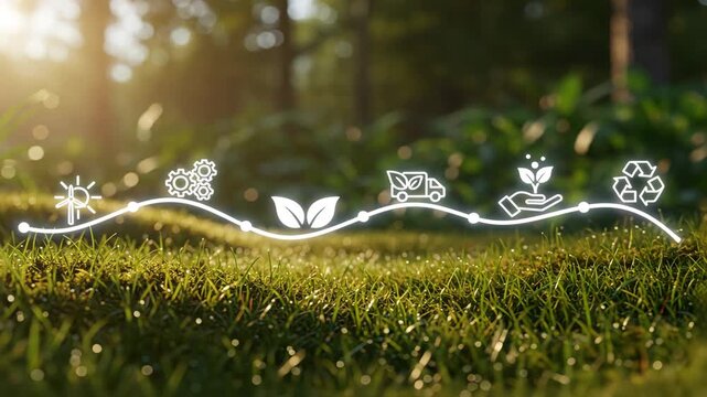 A glowing eco process line with icons showing renewable energy and circular economy, sustainable & green manufacturing concept