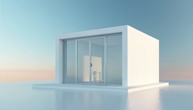 Minimalist white cube building with glass doors sits on reflective surface under sky gradient. Interior shows simple desk and chair. Architectural concept for modern business space or dwelling.