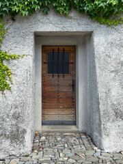 Rustic Wooden Doorway with Ivy and Potted Topiary