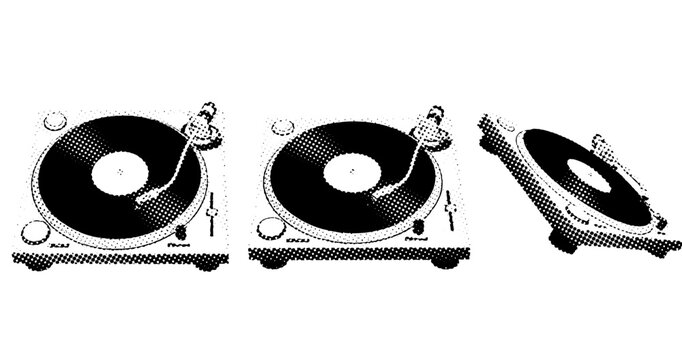 Retro black and white vinyl record players with halftone effect