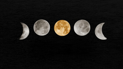 Horizontal Moon Phases Sequence on Dark Black Textured Background