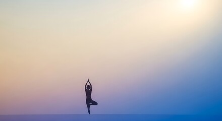 Illustration of a person doing yoga on a serene beach at sunrise or sunset with a beautiful gradient sky