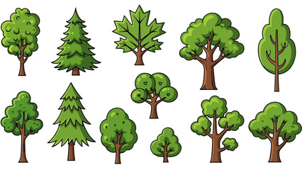 Set of various cartoon trees, stylized deciduous and coniferous illustrations for nature and environment design © Best Design_Academy