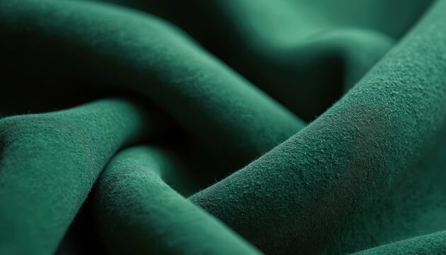 Deep forest green suede material folds abstract background with soft texture. Dark emerald fabric curves show its natural grain and smooth surface.