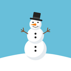 A cute cartoon snowman with a top hat, carrot nose, and stick arms standing on a snowy hill under a blue sky, representing winter and holidays.