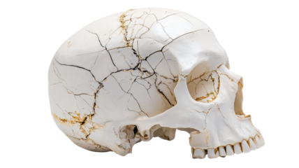 Anatomical skull model with cracks and bone fragments detailed human anatomy forensic study isolated on white background