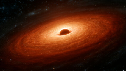 Massive Black Hole with Glowing Red Accretion Disk in Space