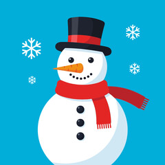A cheerful cartoon snowman wearing a black top hat and a red scarf, with snowflakes falling around it against a bright blue background.