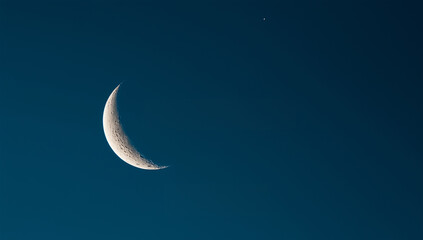 Minimalist Waxing Crescent Moon in Deep Blue Twilight Sky