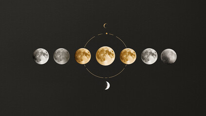 Mystic Moon Phases Cycle Diagram with Geometric Lines and Gold Moon