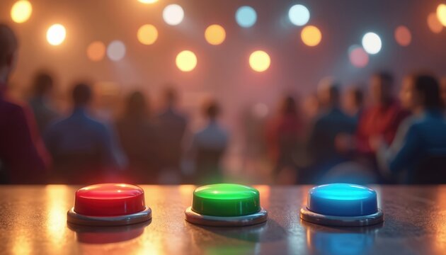 Three illuminated buttons red green blue rest on table. Blurred audience watches game show. Contestants wait for start decision. People anticipate chance.
