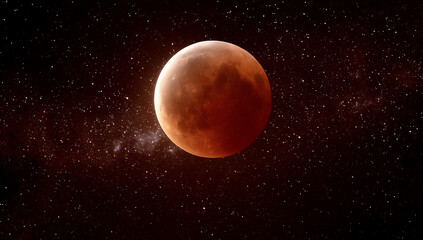 Red Blood Moon Eclipse in Starry Night Sky with Nebula Clouds