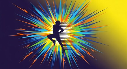Illustration of a silhouette of a person in a dynamic pose with colorful abstract lines radiating from behind them on a dark background with a yellow gradient