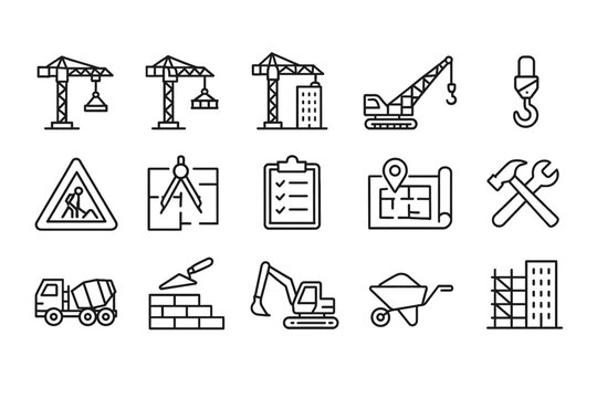 Construction icon set with cranes, tools, and building plans on white background