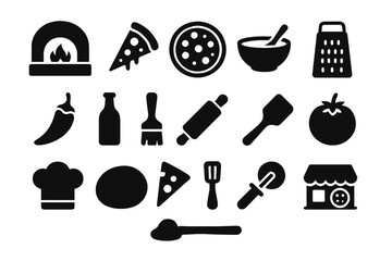 Pizza cooking icons: oven, pizza, bowl, grater, chef hat, tomato, spoon, spatula