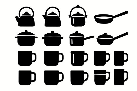 Silhouette collection of kitchenware: kettles, pans, mugs, and pots