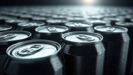 A row of cans of soda are lined up in a row