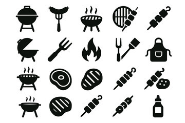Obraz premium Barbecue icon set featuring grills, skewers, and tools for outdoor cooking