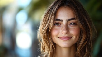Fototapeta premium Close-up portrait of a woman with a gentle smile, brown hair, and natural makeup