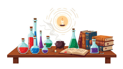 A whimsical collection of potion bottles, spell books, and a glowing candle creates a magical alchemy scene on a wooden table.