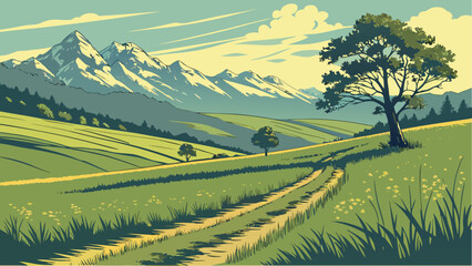 Fototapeta premium Stylized Vector Illustration of Rolling Green Fields, Dirt Road, and Snowy Mountains in a Retro Poster Style