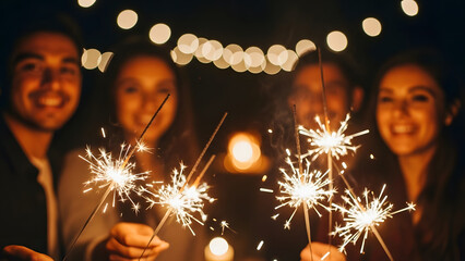 People Celebrate with Sparklers at Night