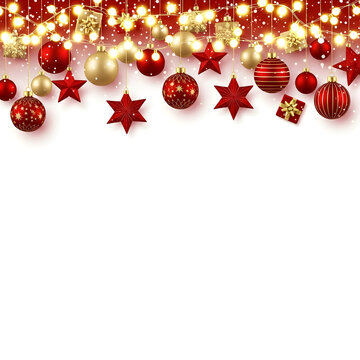 Illustration of festive christmas decorations with red and gold ornaments and stars hanging on a string of lights on white background