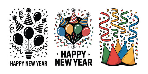 Happy New Year Party Hats Balloons Confetti Streamers Vector Set