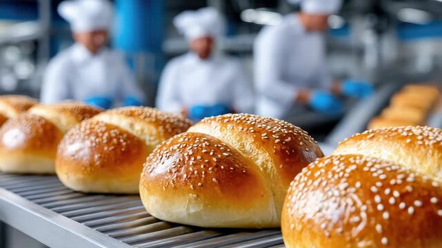 In an industrial bakery kitchen, freshly baked golden loaves of bread with a crispy crust glide along an automated conveyor belt, while professional bakers work diligently in the blurred background