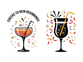Cocktail Glasses Cheers New Beginnings Party Confetti Vector Icons