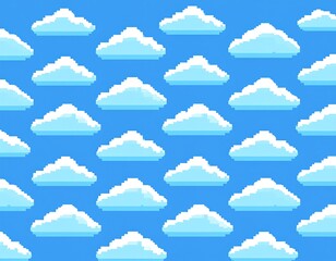 A pixelated sky pattern with fluffy, white cumulus clouds arranged in a repeating grid on a bright blue background