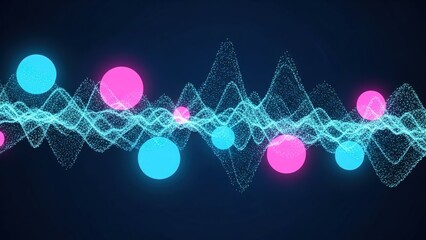 Abstract digital sound wave visualization with glowing cyan and magenta spheres against dark background