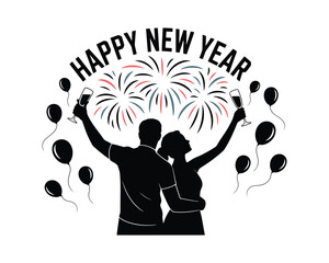 Couple Toasting New Year Fireworks Romance Celebration Vector